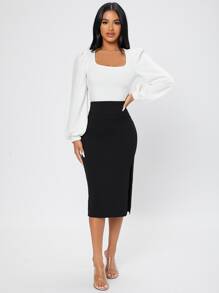 SHEIN PETITE Square Neck Lantern Sleeve Spring Women Tee - White - View 3