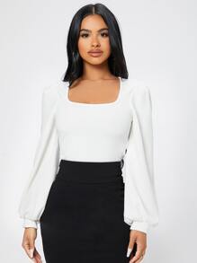 SHEIN PETITE Square Neck Lantern Sleeve Spring Women Tee - White - View 4
