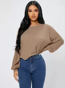 SHEIN PETITE Áo thun nữ Gân đan màu trơn Giải trí - Màu Khaki - Xem 1