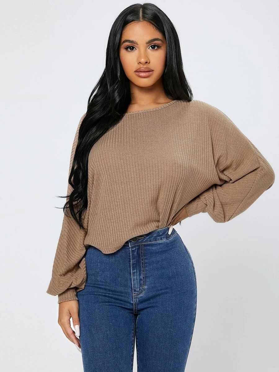 SHEIN PETITE Áo thun nữ Gân đan màu trơn Giải trí - Màu Khaki - Xem 1