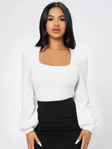 SHEIN PETITE Square Neck Lantern Sleeve Spring Women Tee - White - View 5