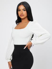 SHEIN PETITE Square Neck Lantern Sleeve Spring Women Tee - White - View 6
