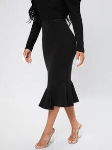 SHEIN PETITE 高腰魚尾短裙 - 黑色 - 查看 1