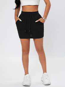 SHEIN PETITE Drawstring Waist Slant Pocket Bodycon Skirt - Black - View 1