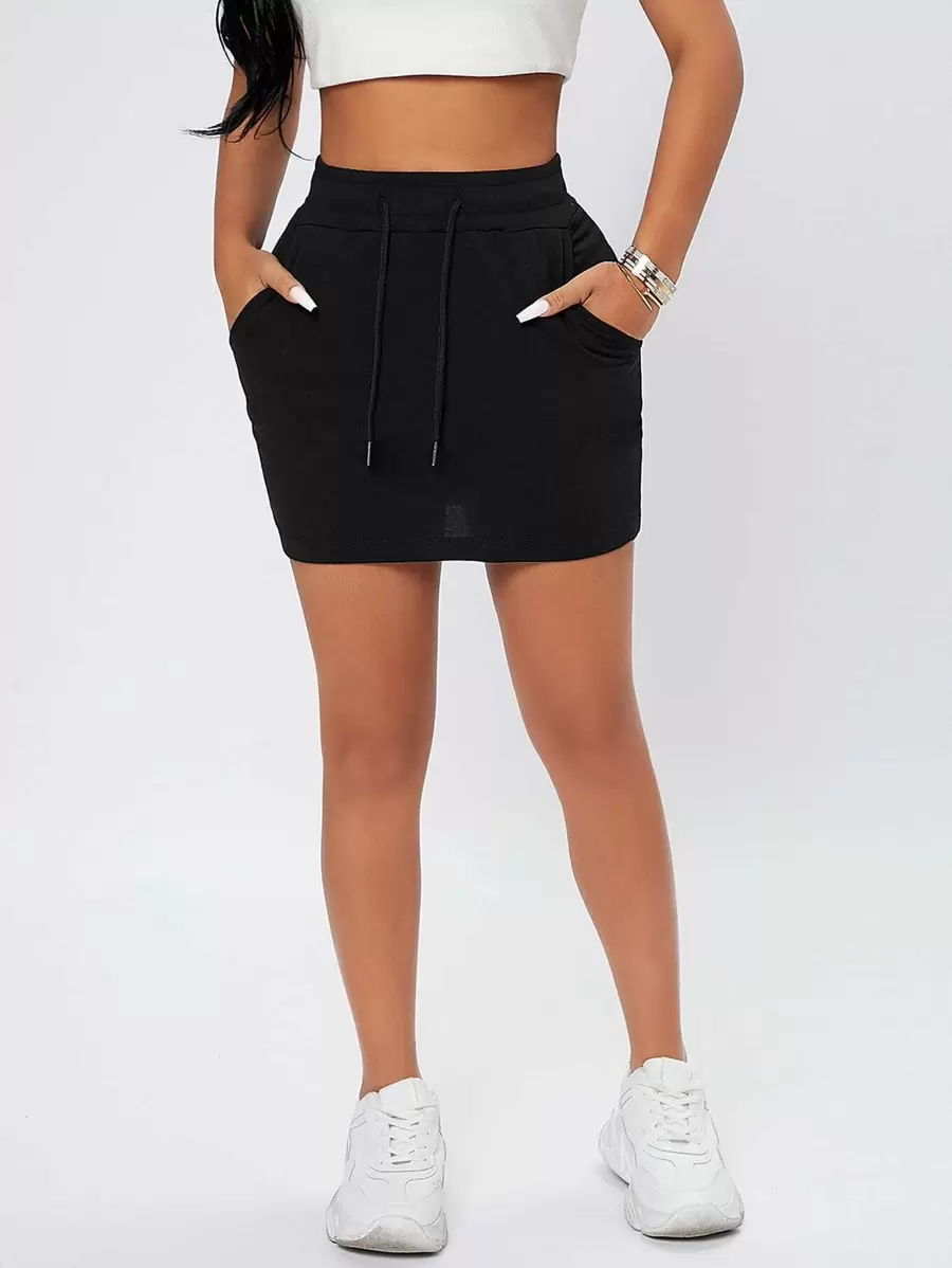 SHEIN PETITE Drawstring Waist Slant Pocket Bodycon Skirt - Black - View 1