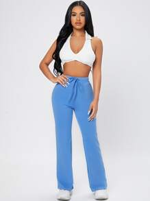 SHEIN PETITE Quần thể thao nữ Dây kéo màu trơn - Màu xanh lam - Xem 3