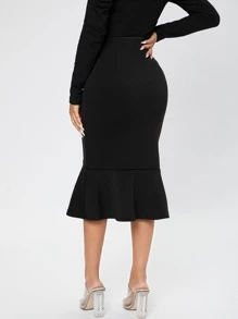 SHEIN PETITE 高腰魚尾短裙 - 黑色 - 查看 2