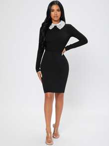 SHEIN PETITE Solid High Waist Bodycon Skirt - Black - View 3