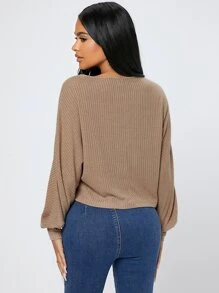 SHEIN PETITE Áo thun nữ Gân đan màu trơn Giải trí - Màu Khaki - Xem 2