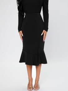 SHEIN PETITE 高腰魚尾短裙 - 黑色 - 查看 3