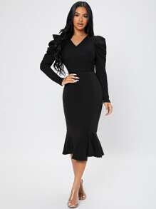 SHEIN PETITE 高腰魚尾短裙 - 黑色 - 查看 4