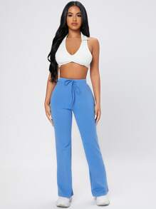 SHEIN PETITE Quần thể thao nữ Dây kéo màu trơn - Màu xanh lam - Xem 4