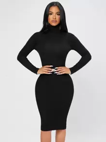 SHEIN PETITE Solid Turtleneck Bodycon Dress - Black - View 1