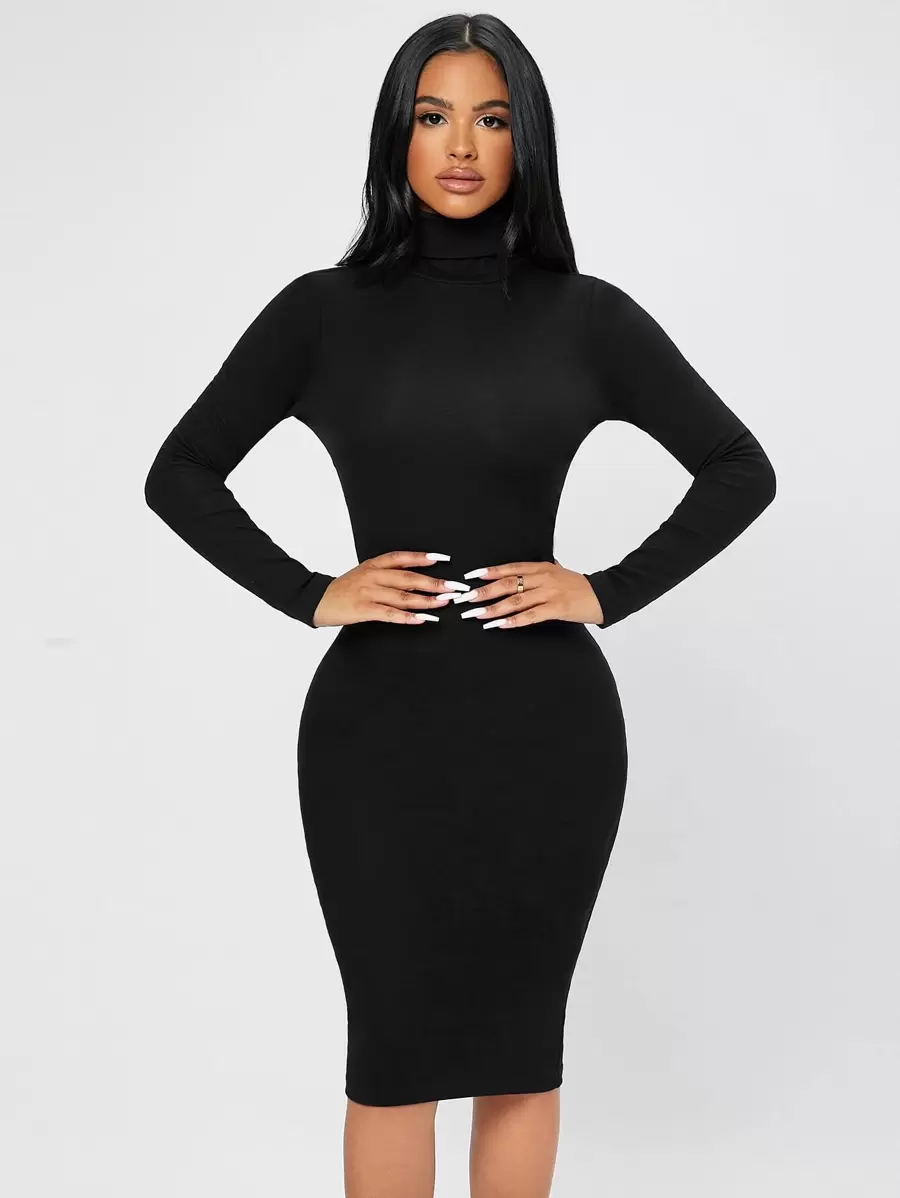 SHEIN PETITE Solid Turtleneck Bodycon Dress - Black - View 1