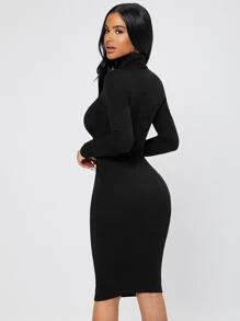 SHEIN PETITE Solid Turtleneck Bodycon Dress - Black - View 2