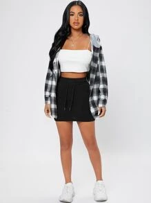 SHEIN PETITE Drawstring Waist Slant Pocket Bodycon Skirt - Black - View 3