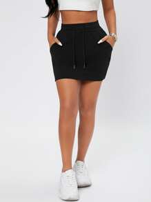 SHEIN PETITE Drawstring Waist Slant Pocket Bodycon Skirt - Black - View 4