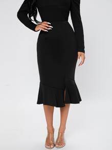 SHEIN PETITE 高腰魚尾短裙 - 黑色 - 查看 5