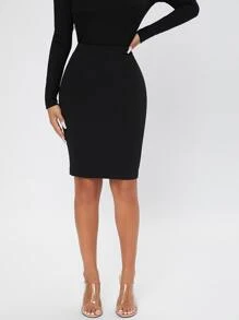 SHEIN PETITE Solid High Waist Bodycon Skirt - Black - View 5