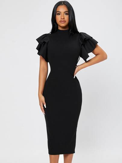 SHEIN PETITE فستان بياقة عالية وأكمام فراشة وفتحة خلفية، للنساء الصغيرات