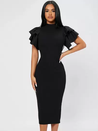 SHEIN PETITE Mock Neck Butterfly Sleeve Split Back Dress