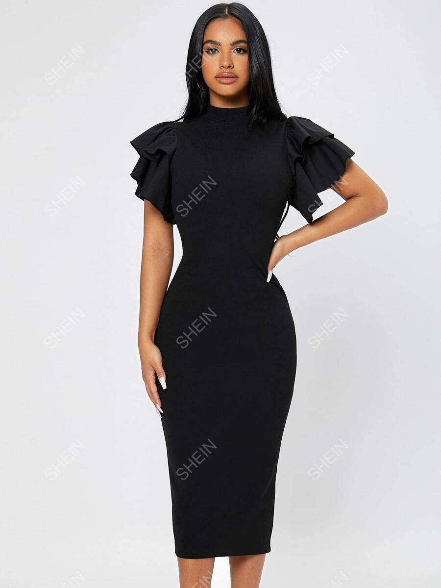 SHEIN PETITE Kleid mit Stehkragen, Schmetterlingsärmeln und Rückenschlitz, für zierliche Frauen - Schwarz - Übersicht 1