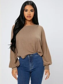 SHEIN PETITE Áo thun nữ Gân đan màu trơn Giải trí - Màu Khaki - Xem 3