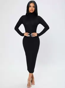 SHEIN PETITE Solid Turtleneck Bodycon Dress - Black - View 1