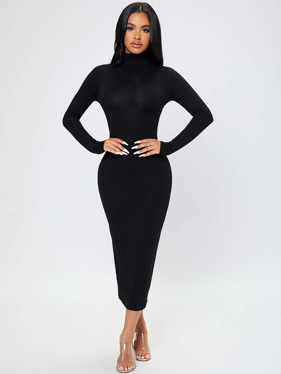 SHEIN PETITE Solid Turtleneck Bodycon Dress - Black - View 1