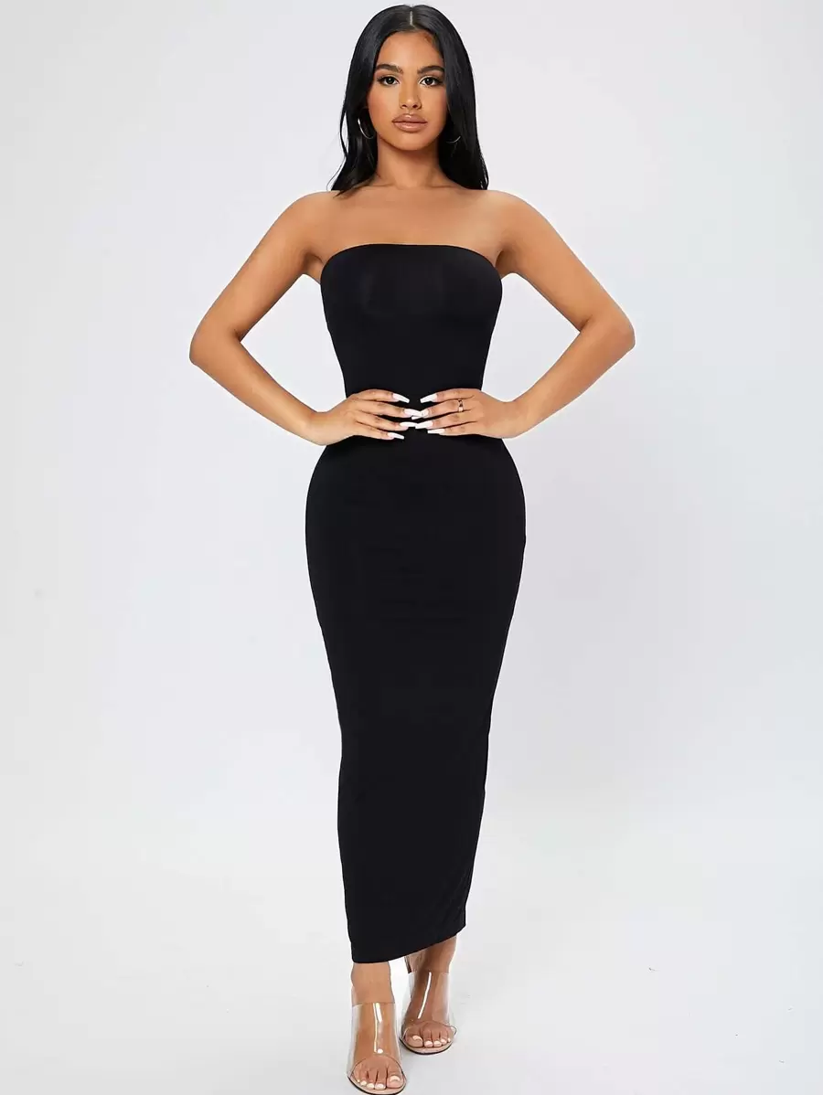 SHEIN PETITE Split Back Tube Summer Women Outfit Dress - Black - View 1