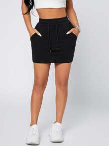 SHEIN PETITE Drawstring Waist Slant Pocket Bodycon Skirt - Black - View 5