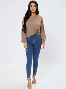 SHEIN PETITE Áo thun nữ Gân đan màu trơn Giải trí - Màu Khaki - Xem 4