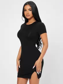 SHEIN PETITE Đầm Chia màu trơn Gợi cảm - màu đen - Xem 1