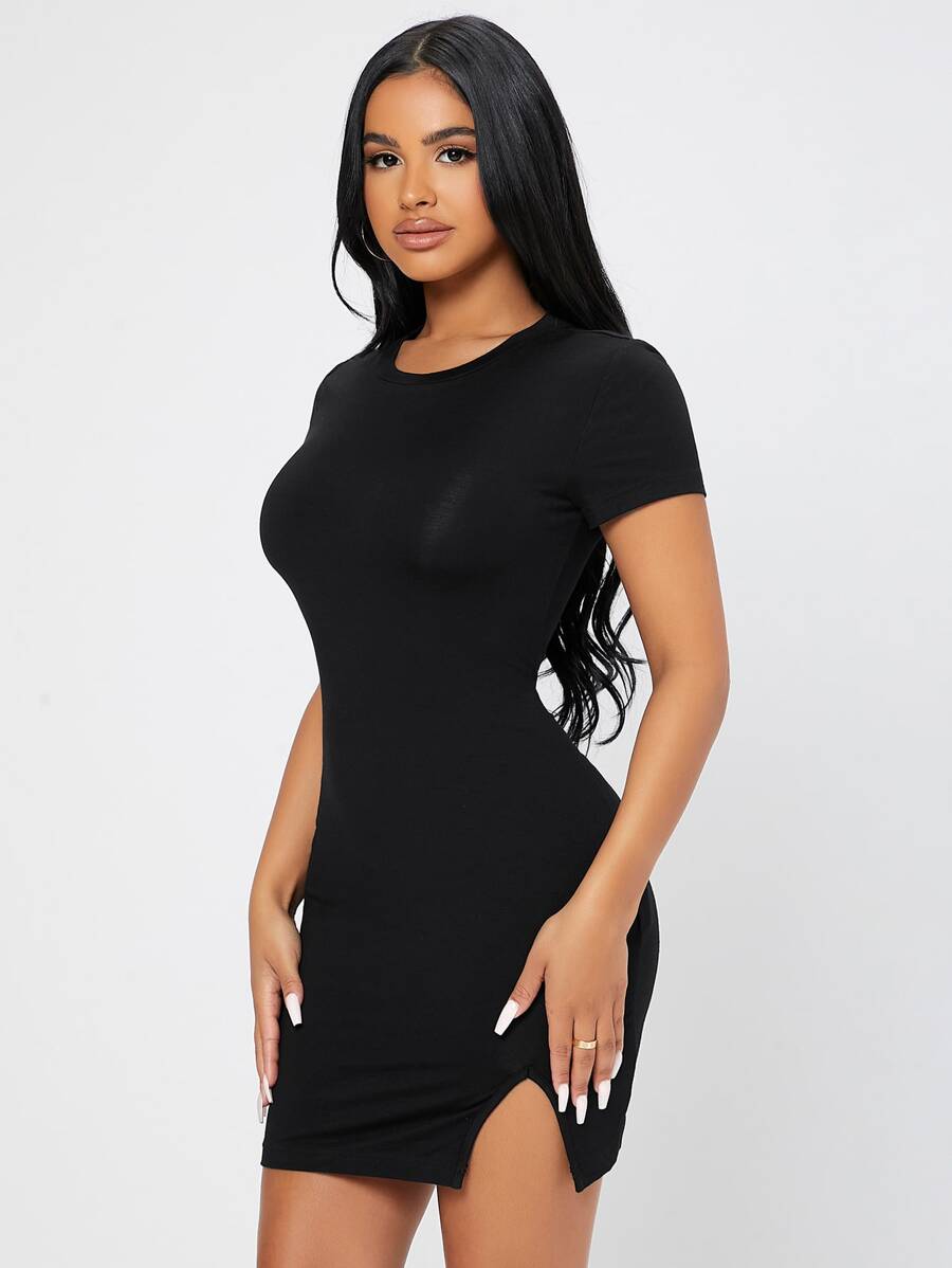 SHEIN PETITE Đầm Chia màu trơn Gợi cảm - màu đen - Xem 1