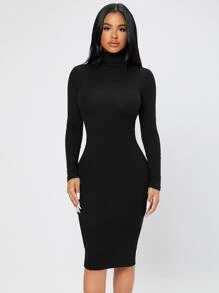 SHEIN PETITE Solid Turtleneck Bodycon Dress - Black - View 5