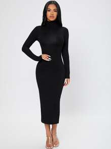 SHEIN PETITE Solid Turtleneck Bodycon Dress - Black - View 3