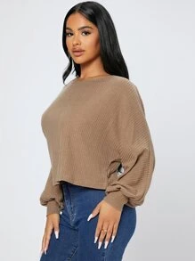 SHEIN PETITE Áo thun nữ Gân đan màu trơn Giải trí - Màu Khaki - Xem 5