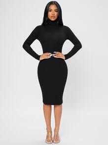 SHEIN PETITE Solid Turtleneck Bodycon Dress - Black - View 6