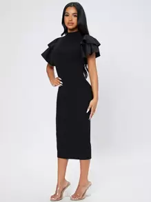 SHEIN PETITE Vestido de cuello alto de manga mariposa con abertura trasera