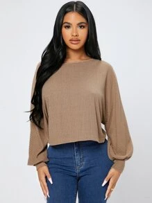 SHEIN PETITE Áo thun nữ Gân đan màu trơn Giải trí - Màu Khaki - Xem 6