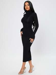 SHEIN PETITE Solid Turtleneck Bodycon Dress - Black - View 5