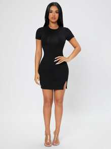 SHEIN PETITE Đầm Chia màu trơn Gợi cảm - màu đen - Xem 4