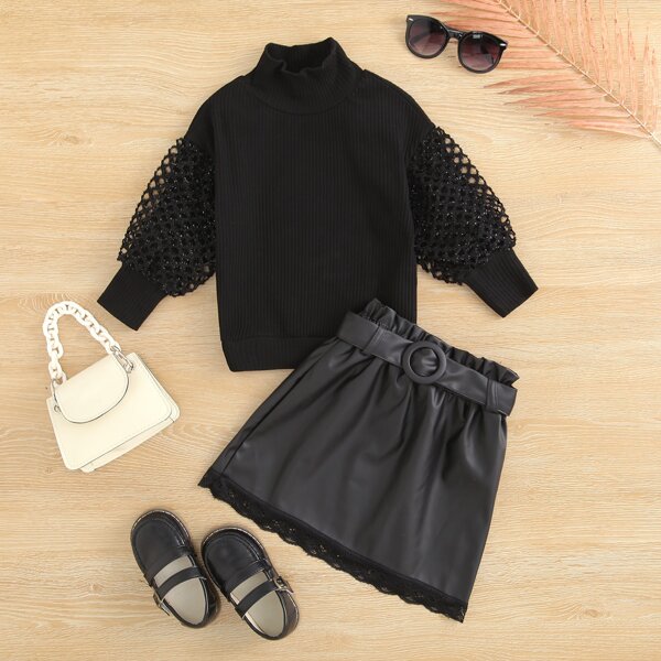 

Toddler Girls Guipure Lace Insert Top & Paperbag Waist Belted Skirt, Black
