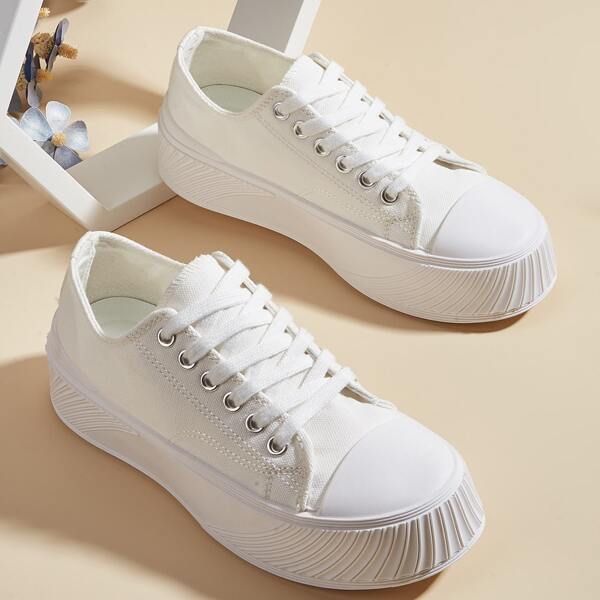 

Minimalist Lace-up Platform Canvas Shoes, White