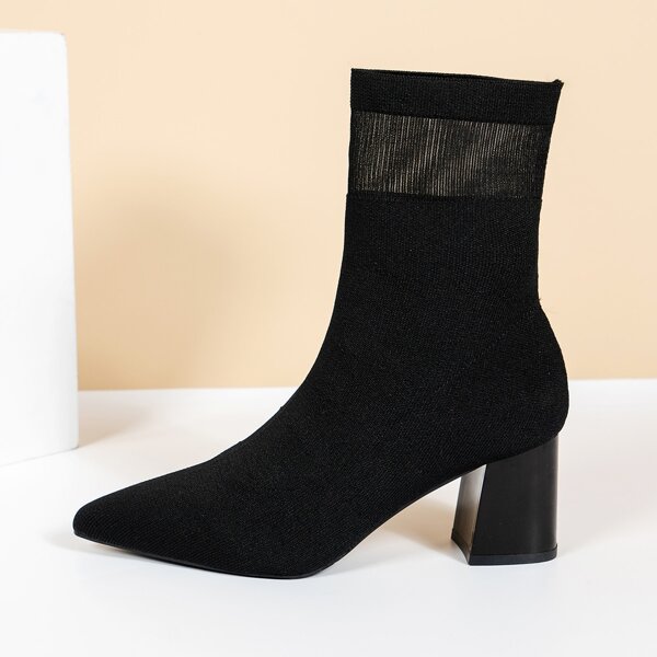 

Minimalist Contrast Mesh Chunky Heeled Boots, Black