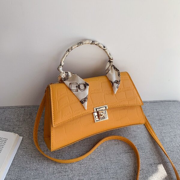 

Croc Embossed Twilly Scarf Decor Satchel Bag, Yellow