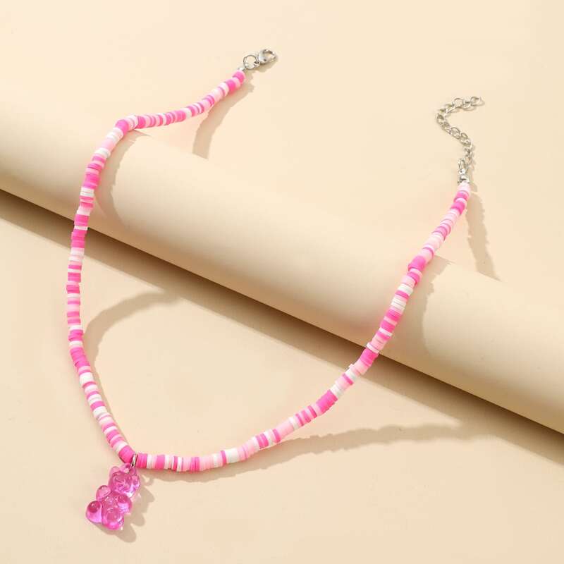 

Bear Decor Soft Clay Beaded Necklace, Hot pink