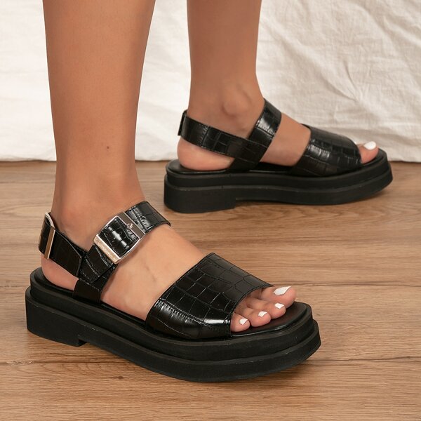 

Croc Embossed Open Toe Platform Sandals, Black