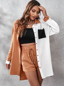 Colour Block Pocket Front Drop Shoulder Blouse & Tie Front Shorts - Multicolor - View 3