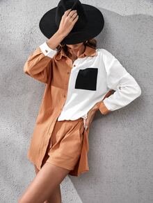 Colour Block Pocket Front Drop Shoulder Blouse & Tie Front Shorts - Multicolor - View 4